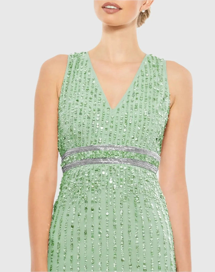 Mac Duggal 70267 Green Sequined Sleeveless V-Neck Midi Sheath Dress