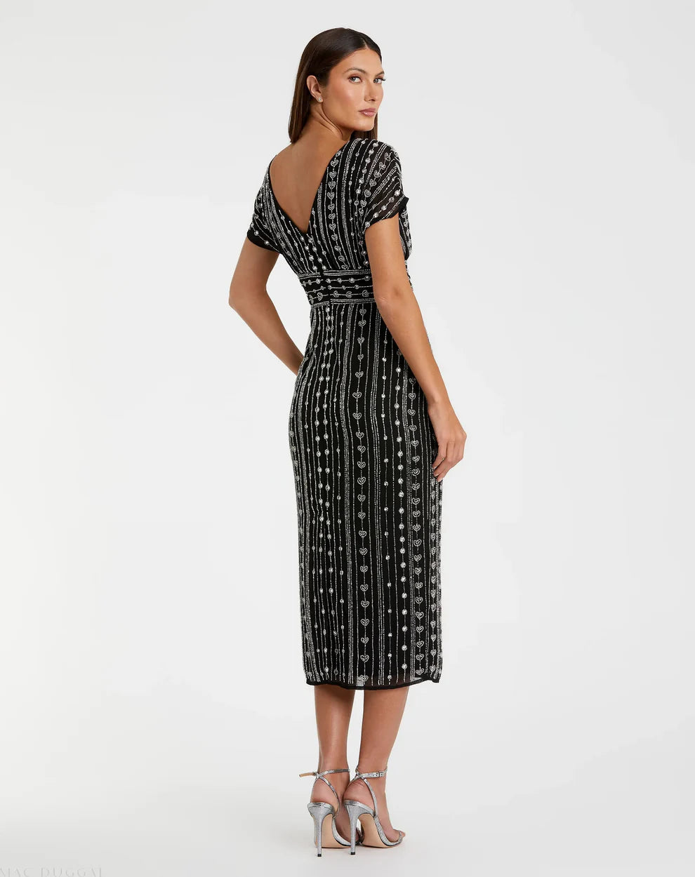 Mac Duggal 93649 Beaded Cap Sleeve Empire Waist Sheath Midi Dress