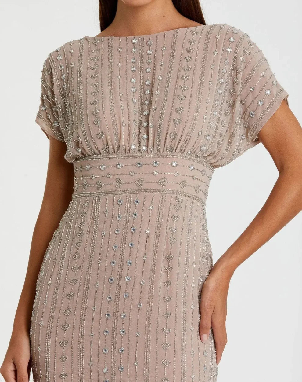 Mac Duggal 93649 Beaded Cap Sleeve Empire Waist Sheath Midi Dress