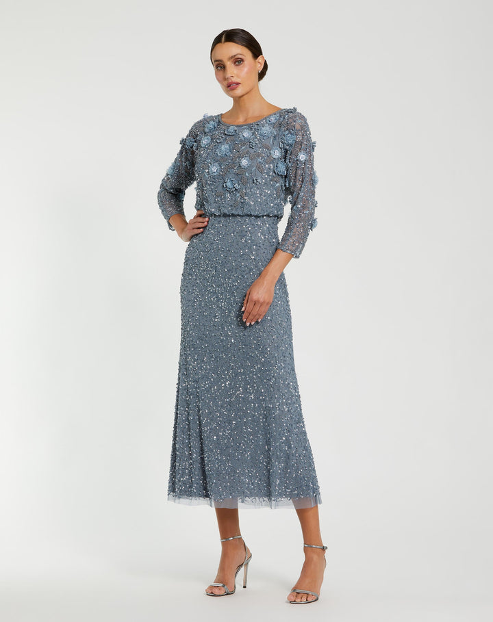 Mac Duggal 9373 Floral Embellished Midi Dress With 3/4 Sleeves