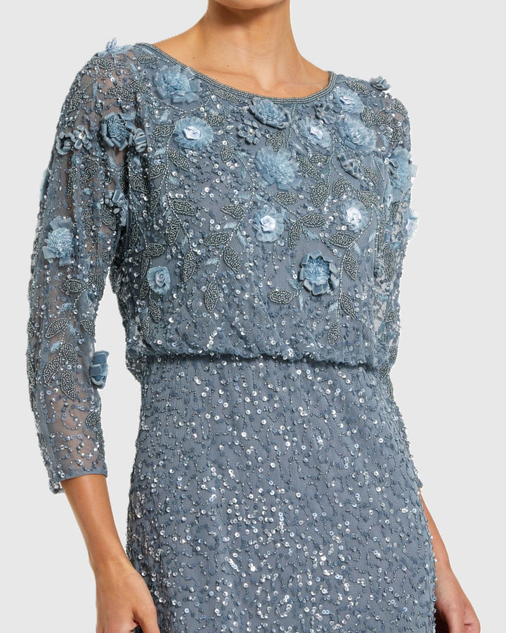 Mac Duggal 9373 Floral Embellished Midi Dress With 3/4 Sleeves