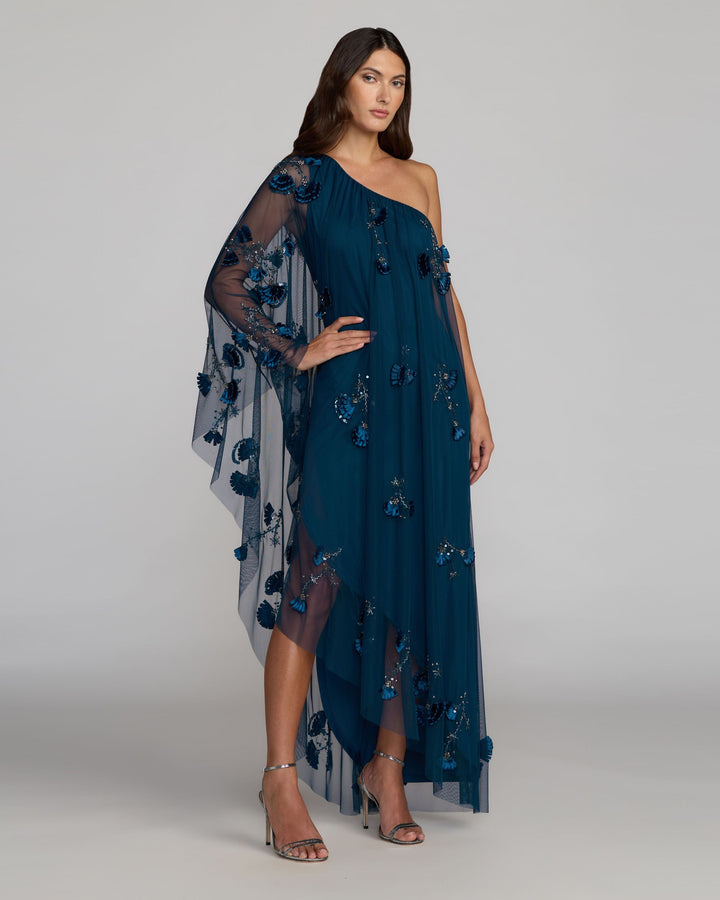 Mac Duggal 9374 Blue One Shoulder Embellished Kaftan Gown