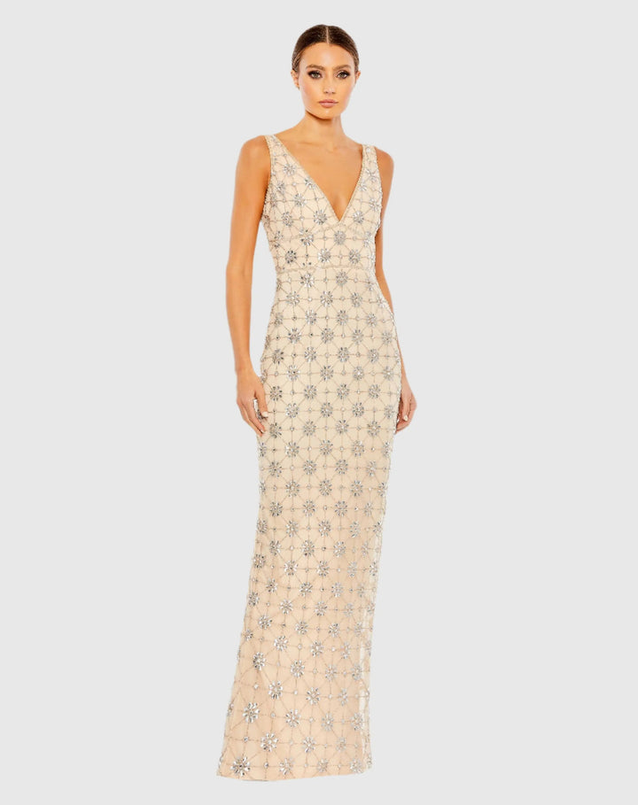 Mac Duggal 93744 Sleeveless Hand Beaded V-Neck Gown
