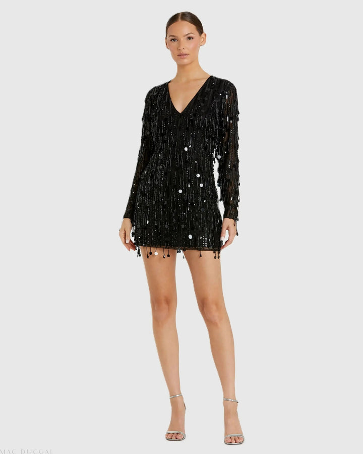 Mac Duggal 93850 Long Sleeve Beaded Fringe Plunge Neck Dress