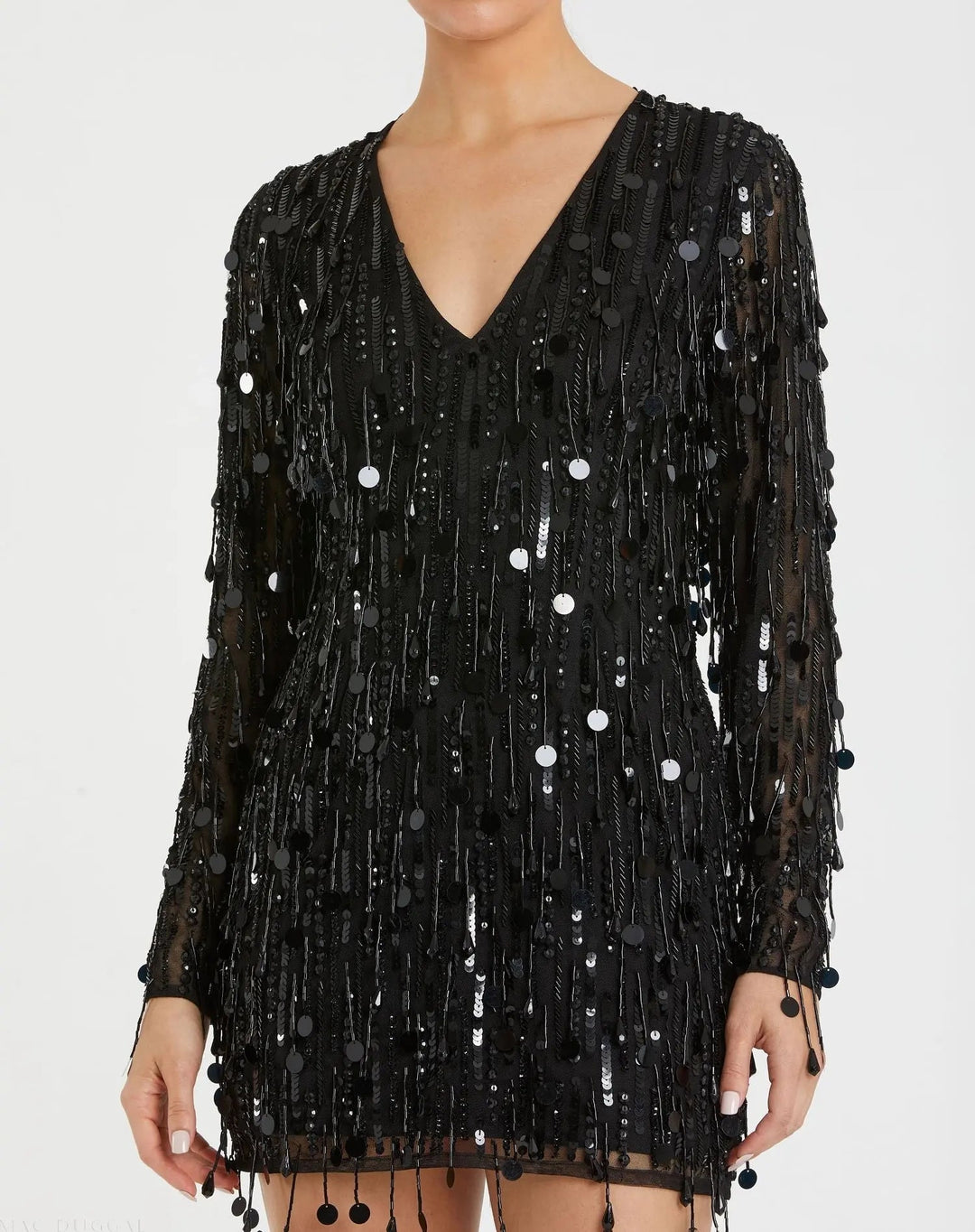 Mac Duggal 93850 Long Sleeve Beaded Fringe Plunge Neck Dress