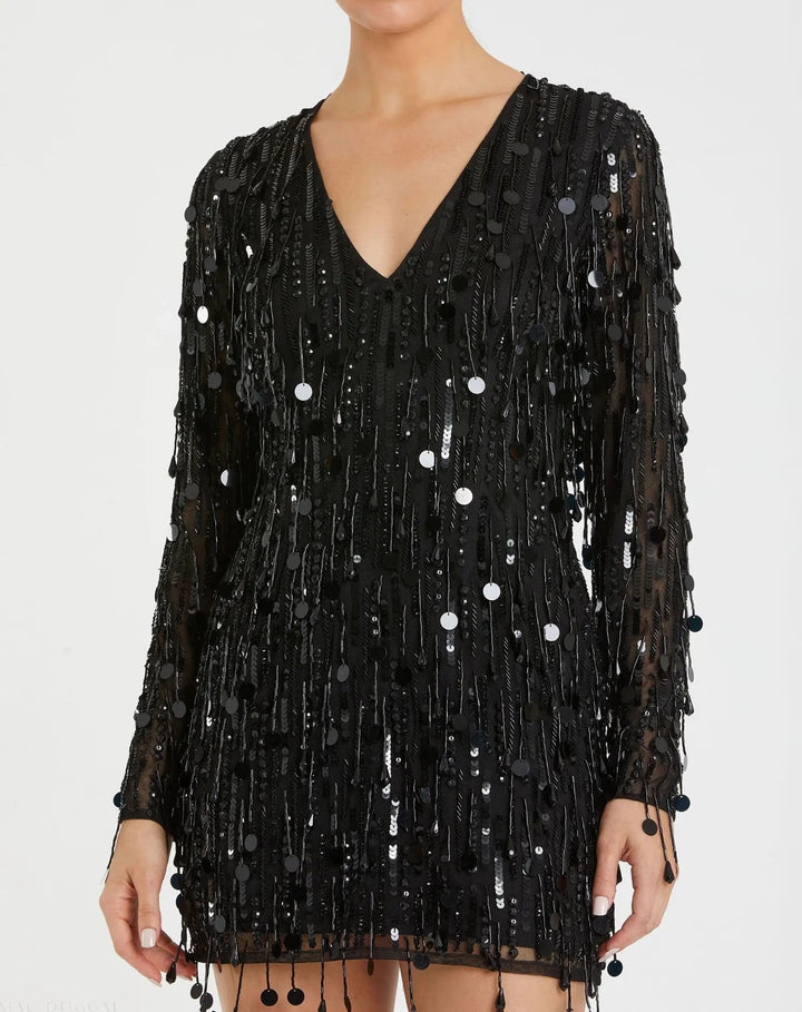 Mac Duggal 93850 Long Sleeve Beaded Fringe Plunge Neck Dress