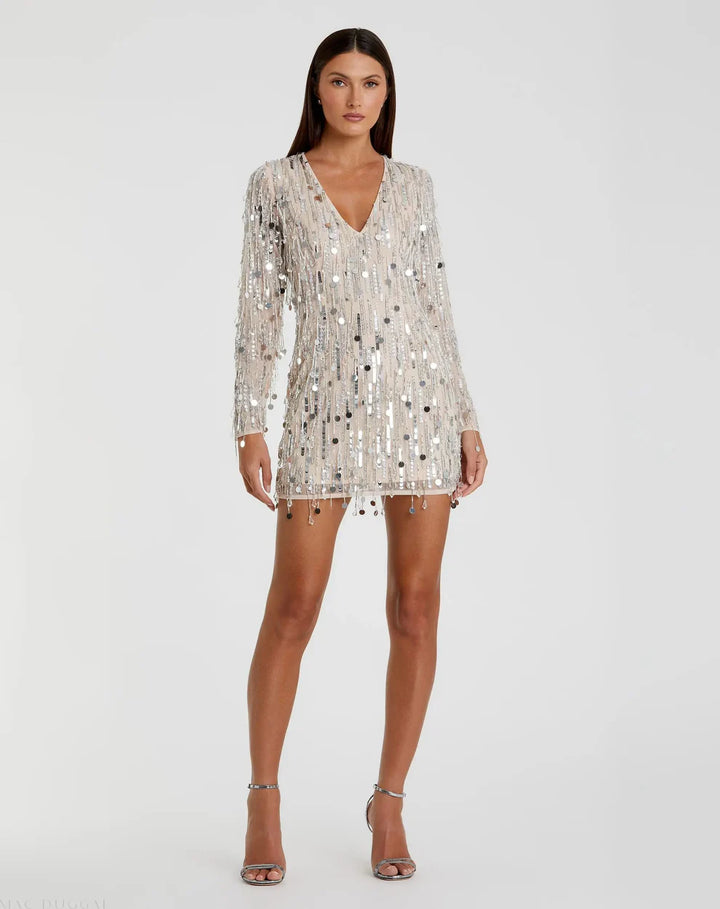 Mac Duggal 93850 Long Sleeve Beaded Fringe Plunge Neck Dress