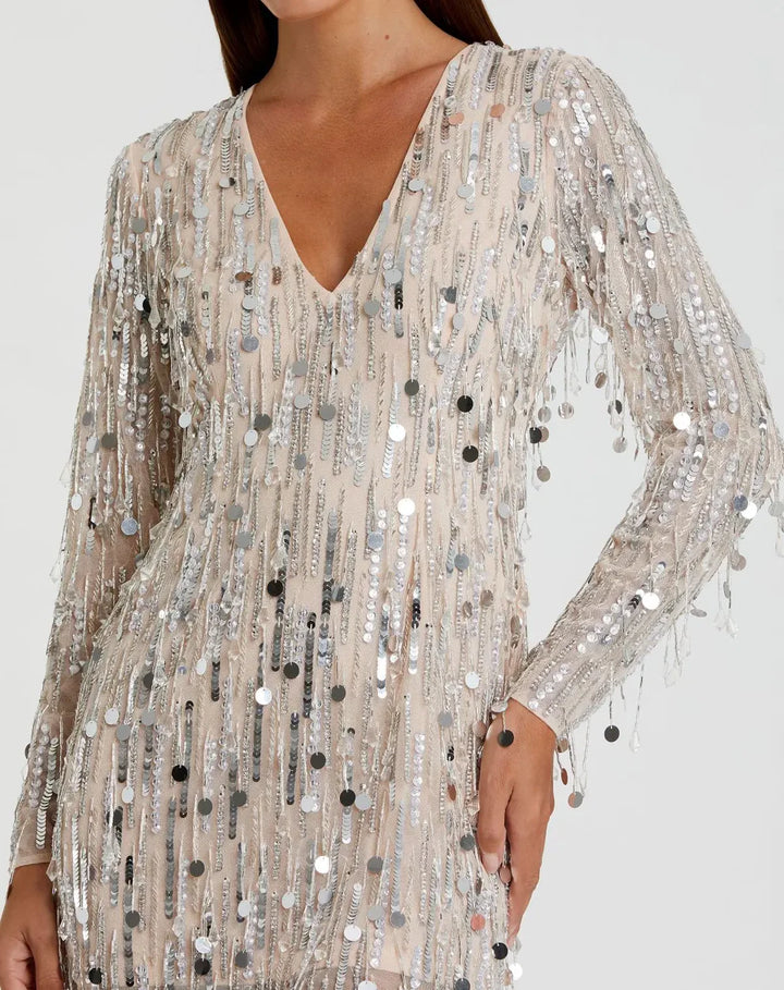 Mac Duggal 93850 Long Sleeve Beaded Fringe Plunge Neck Dress