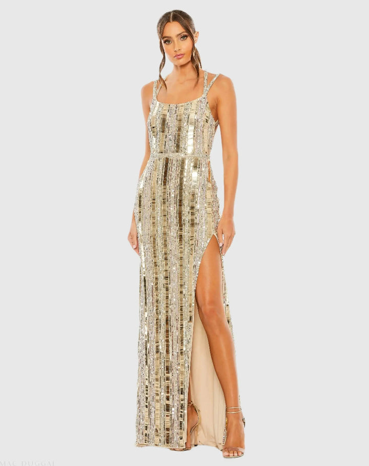 Mac Duggal 93981 Gold and Silver Halter Neck Embellished Detailed Back Gown