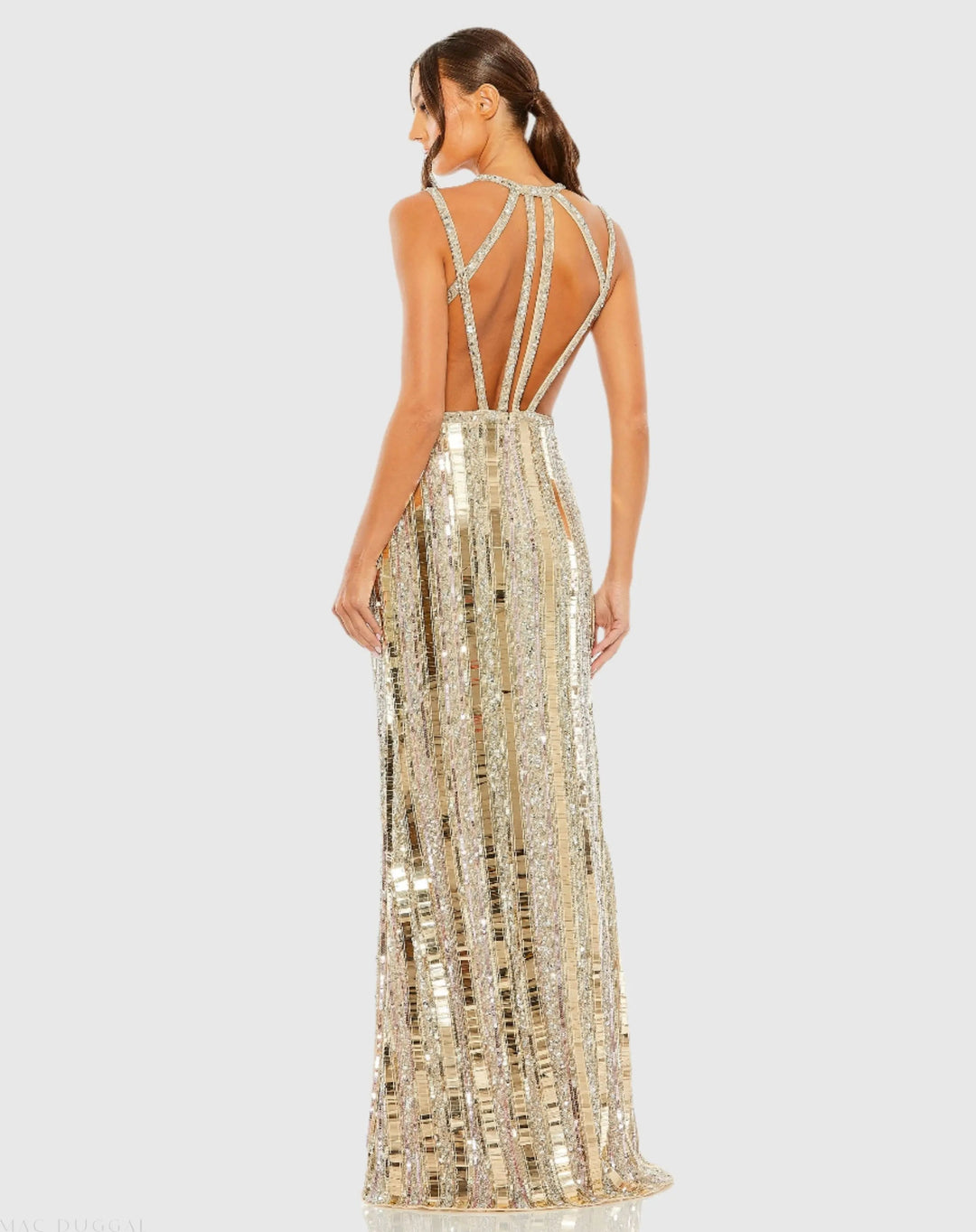 Mac Duggal 93981 Gold and Silver Halter Neck Embellished Detailed Back Gown