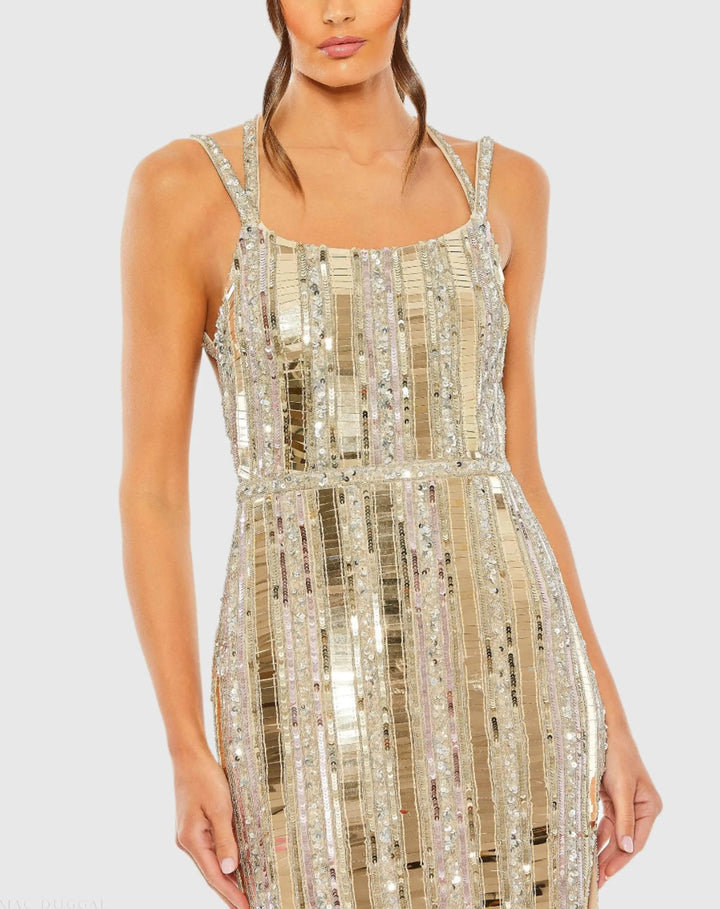 Mac Duggal 93981 Gold and Silver Halter Neck Embellished Detailed Back Gown