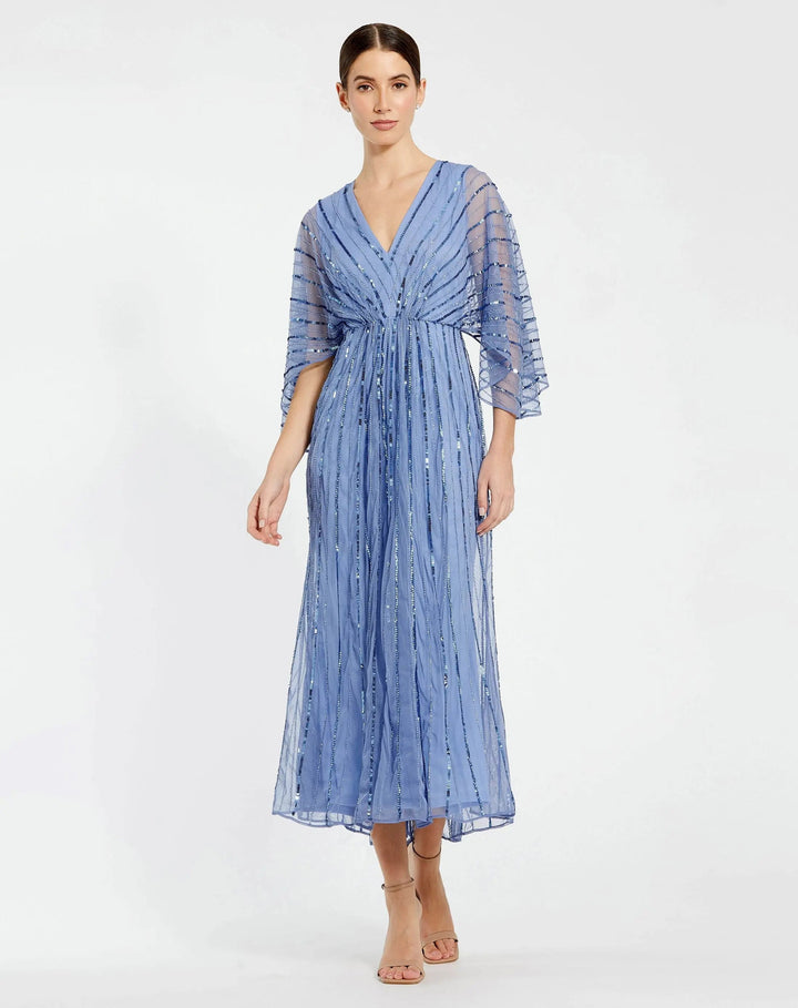 Mac Duggal 93995 Beaded Kimono V-Neck Empire Midi Dress