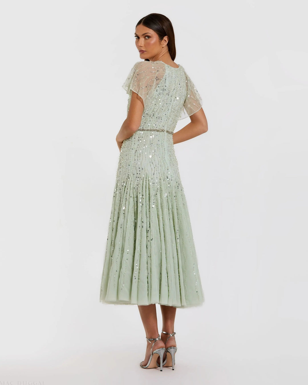 Mac Duggal 94128 Embellished Bow Flutter Sleeve A Line Midi Dress