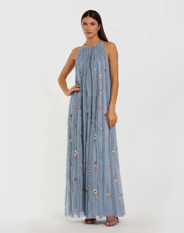 Mac Duggal 9413 Blue Ruffled Trapeze Gown with Floral Embroidery