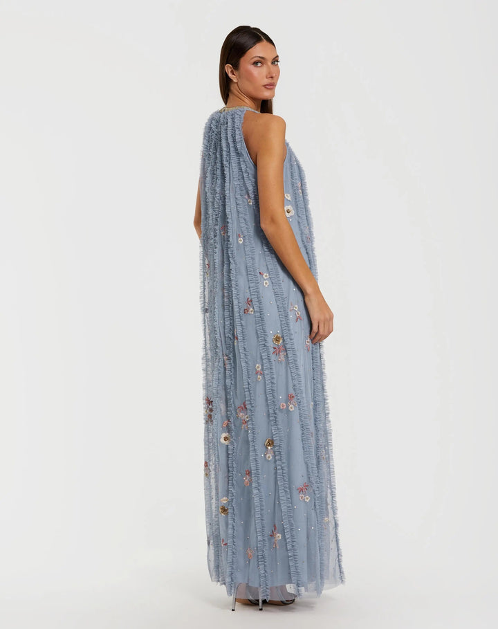 Mac Duggal 9413 Blue Ruffled Trapeze Gown with Floral Embroidery