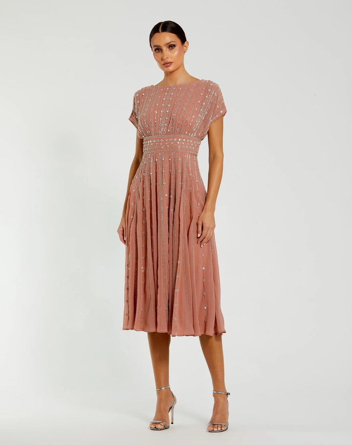 Mac Duggal 94153 Pink Embellished Short Sleeve Midi Dress - FOSTANI.com