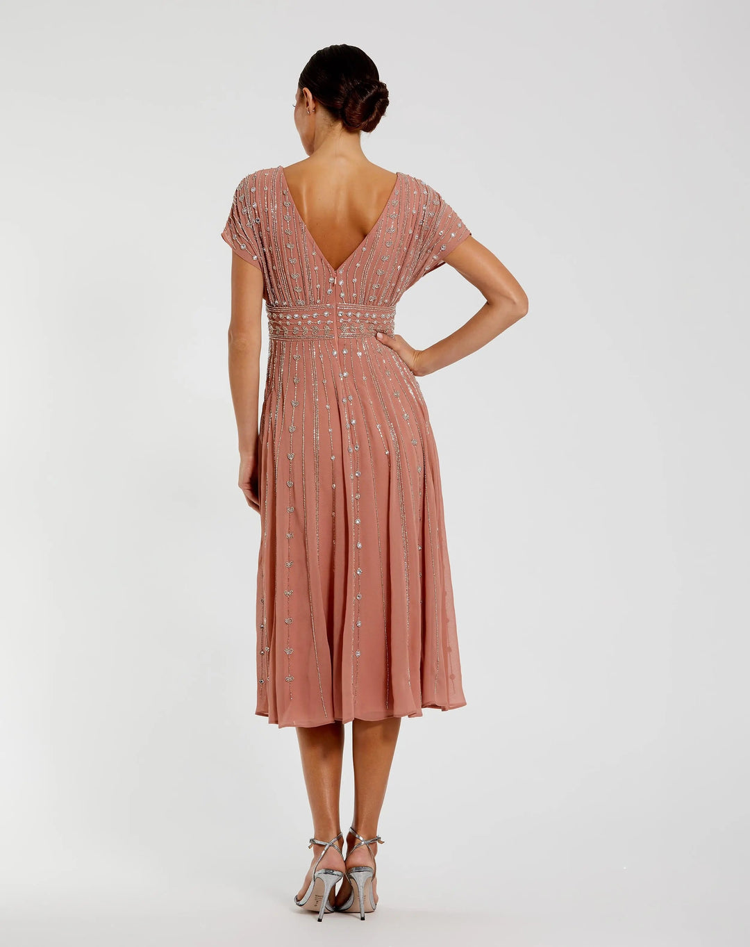 Mac Duggal 94153 Pink Embellished Short Sleeve Midi Dress - FOSTANI.com