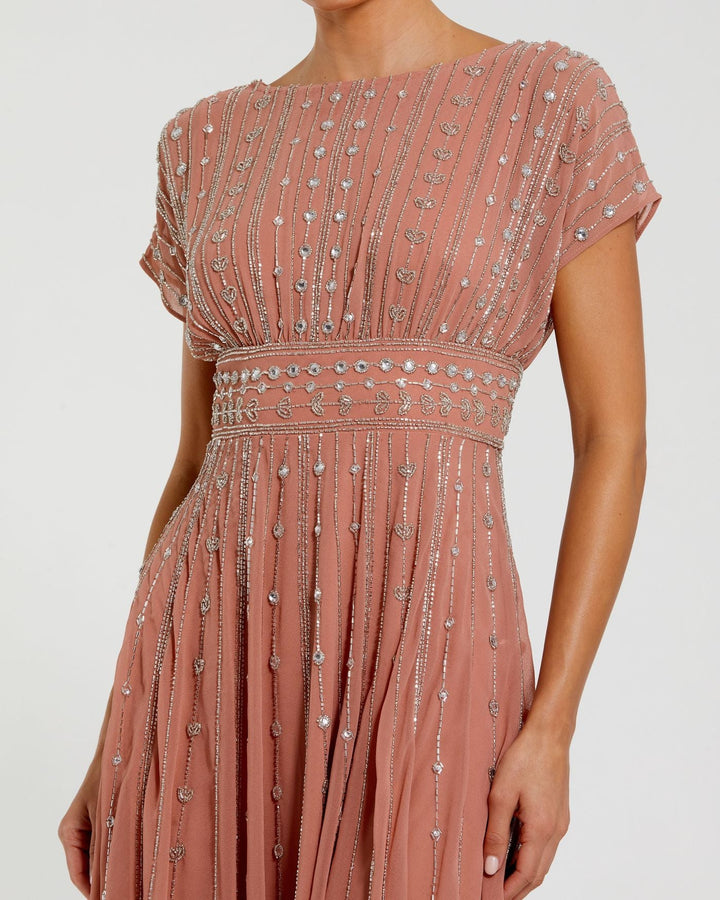 Mac Duggal 94153 Pink Embellished Short Sleeve Midi Dress - FOSTANI.com