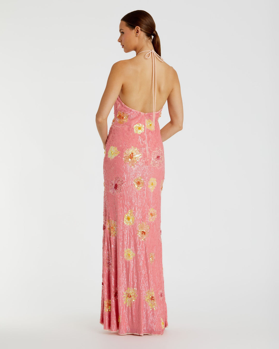 Pink Floral Beaded Halter Gown with 3D Flower - FOSTANI.com