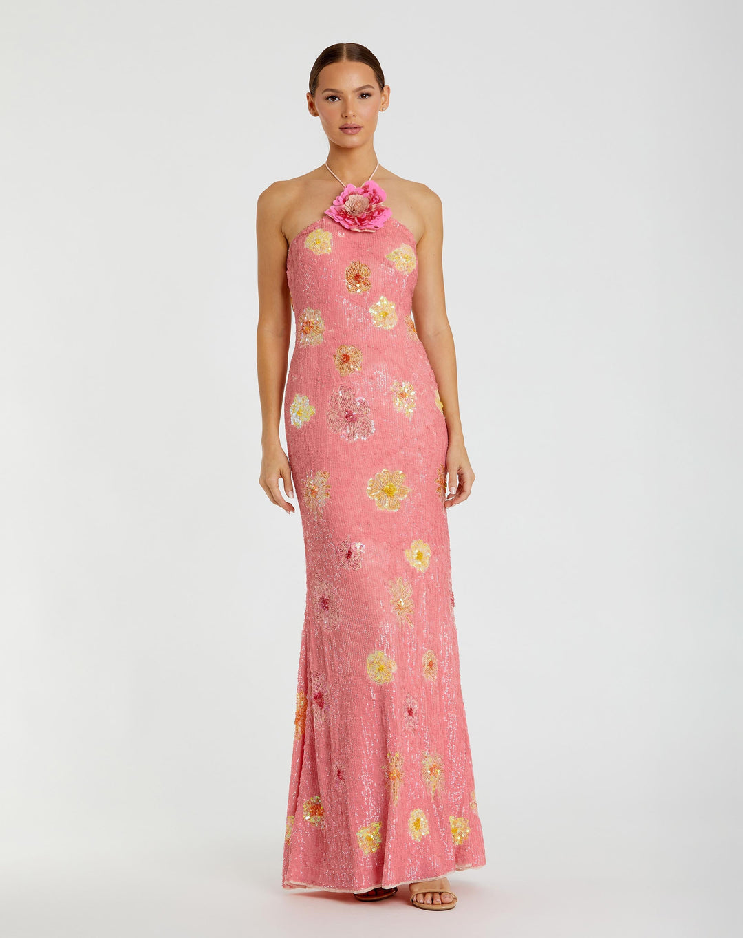 Pink Floral Beaded Halter Gown with 3D Flower - FOSTANI.com