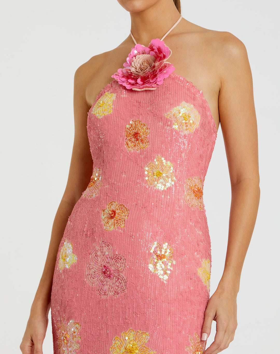 Pink Floral Beaded Halter Gown with 3D Flower - FOSTANI.com