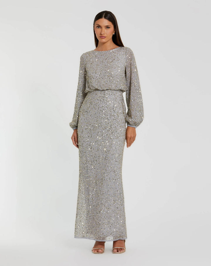 Mac Duggal 94203 Gray Sequin Blouson Long Sleeve Gown - FOSTANI.com