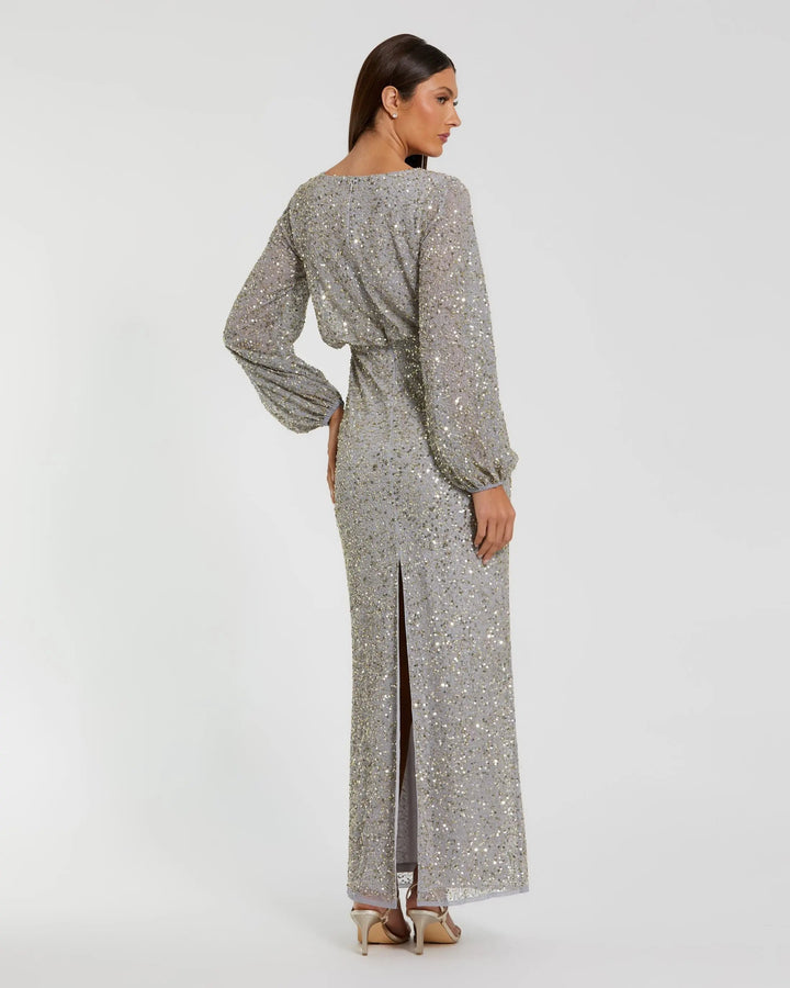 Mac Duggal 94203 Gray Sequin Blouson Long Sleeve Gown - FOSTANI.com