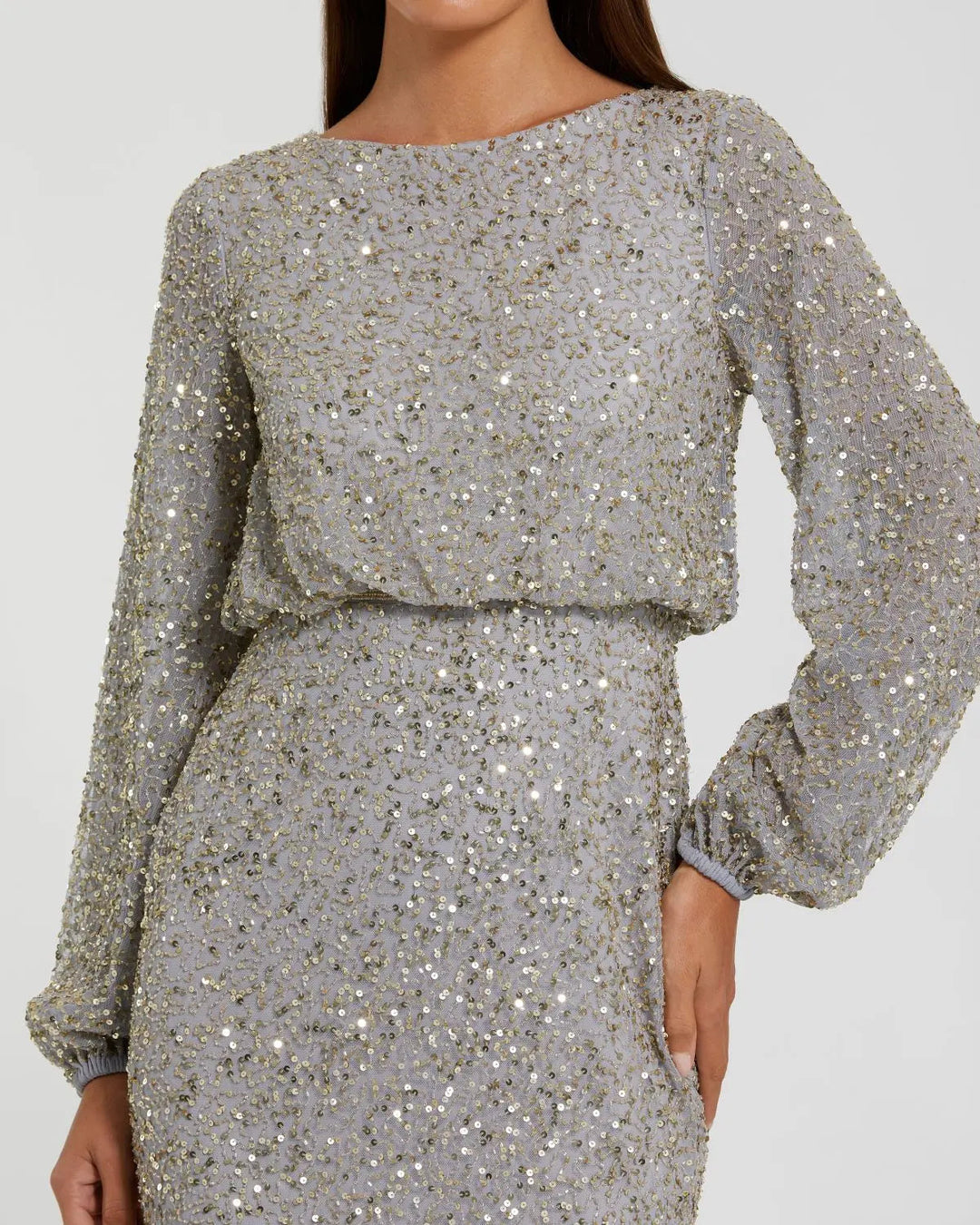 Mac Duggal 94203 Gray Sequin Blouson Long Sleeve Gown - FOSTANI.com