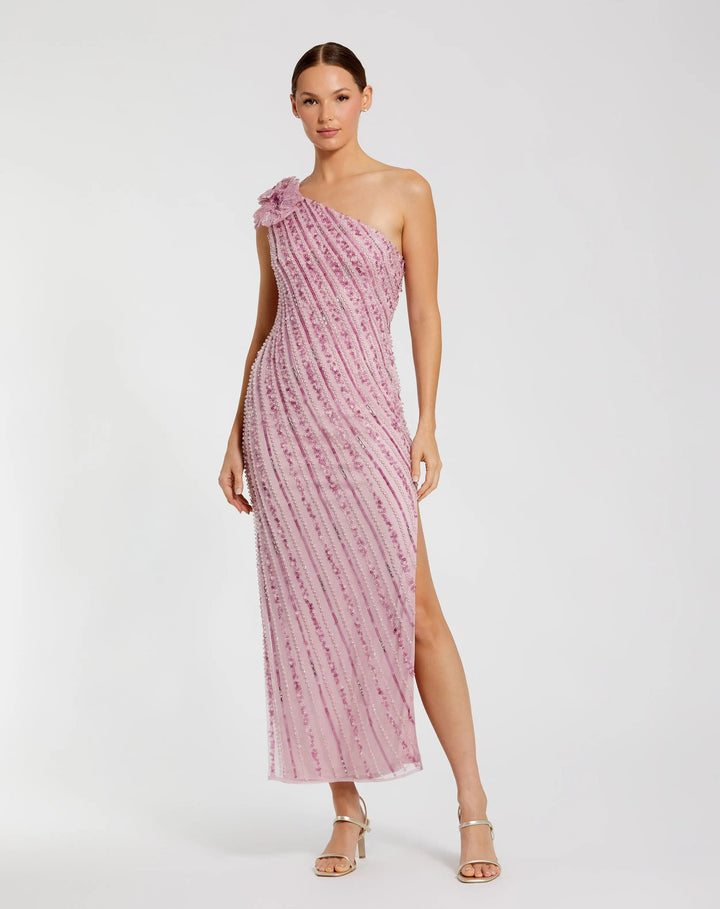 Mac Duggal 94221 Pink One Shoulder Beaded Mesh Dress With Flower
