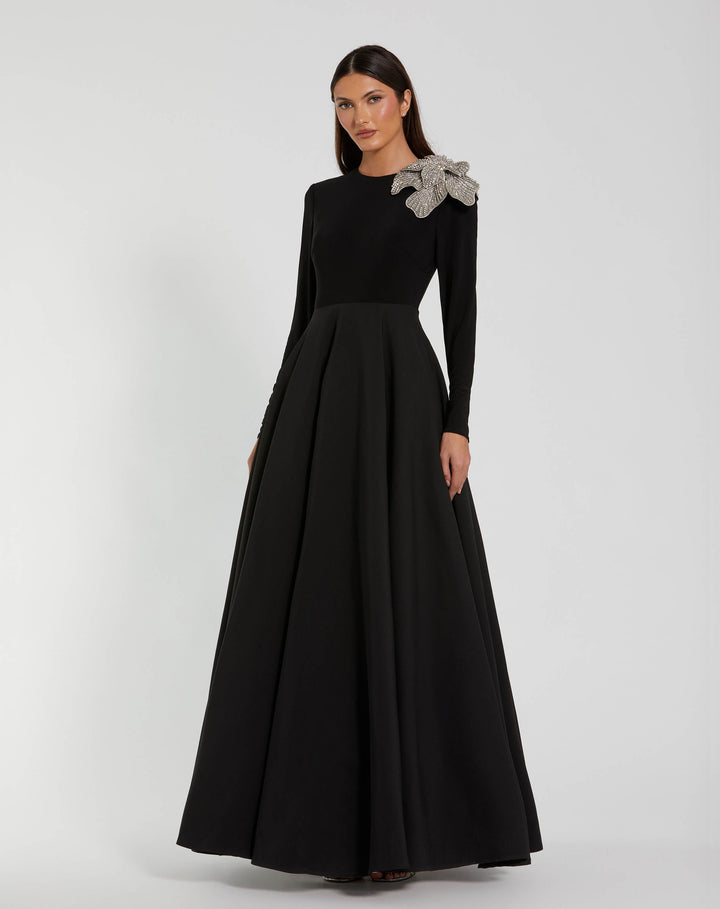 Mac Duggal 9911832P Petite Black Long Sleeve Ball Gown with Rhinestone Flower
