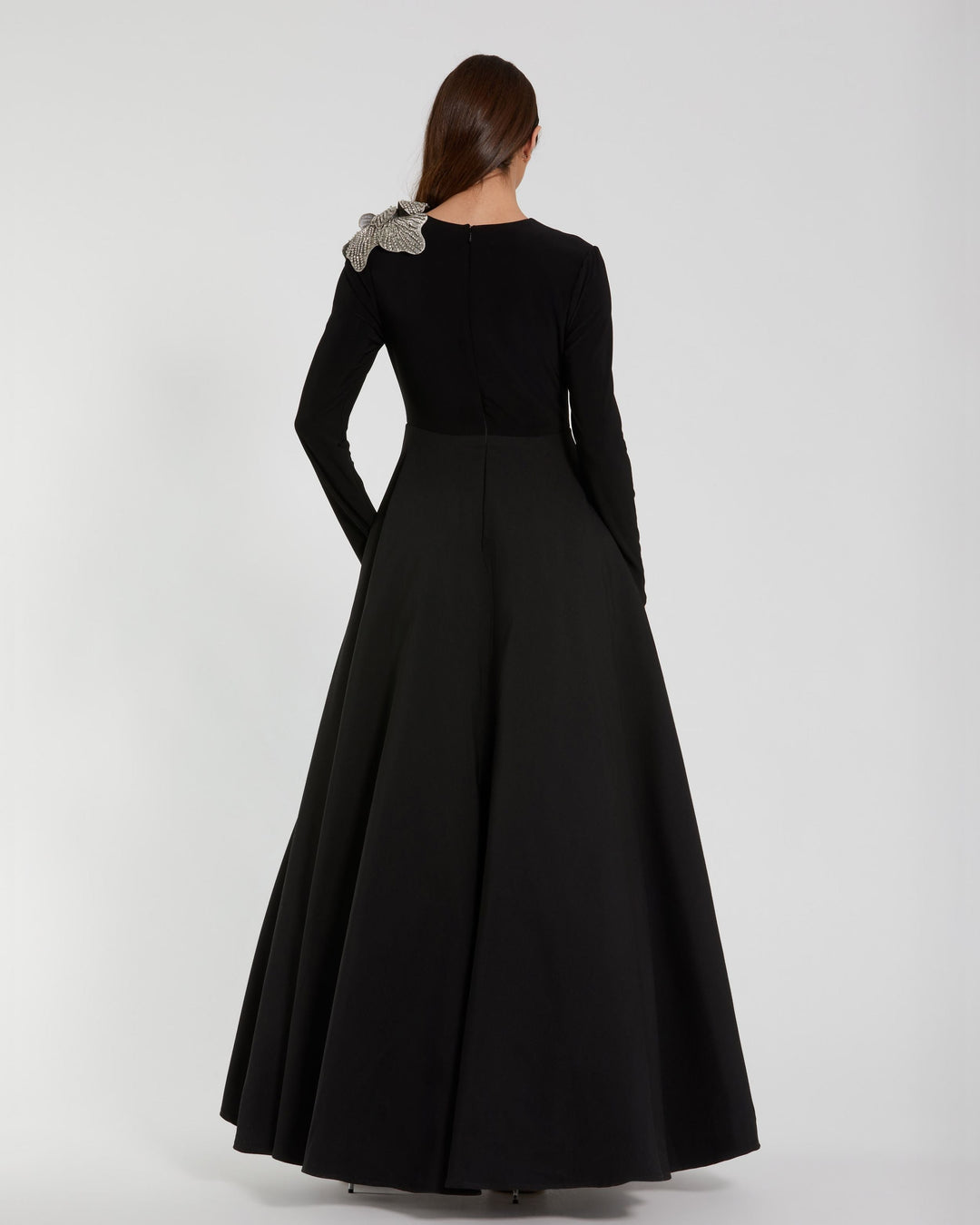 Mac Duggal 9911832P Petite Black Long Sleeve Ball Gown with Rhinestone Flower