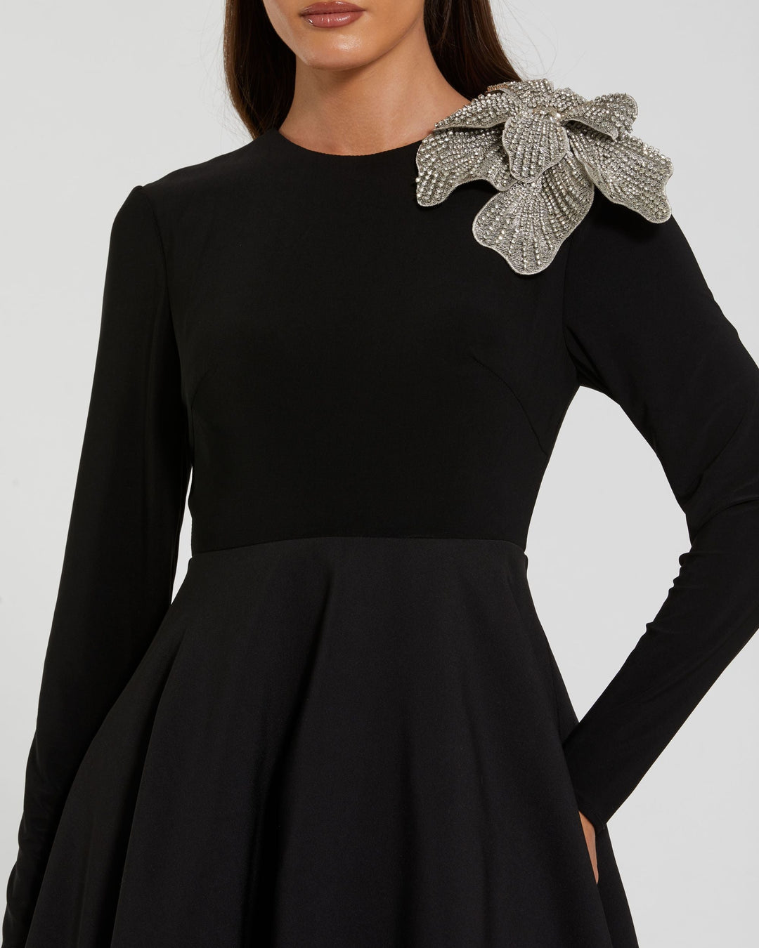 Mac Duggal 9911832P Petite Black Long Sleeve Ball Gown with Rhinestone Flower