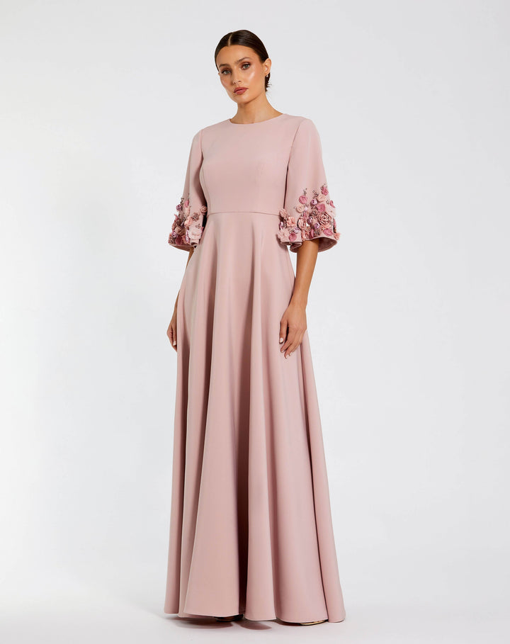 Mac Duggal 9911854P Petite Crepe 3/4 Sleeve A-line Gown With Flower Trim