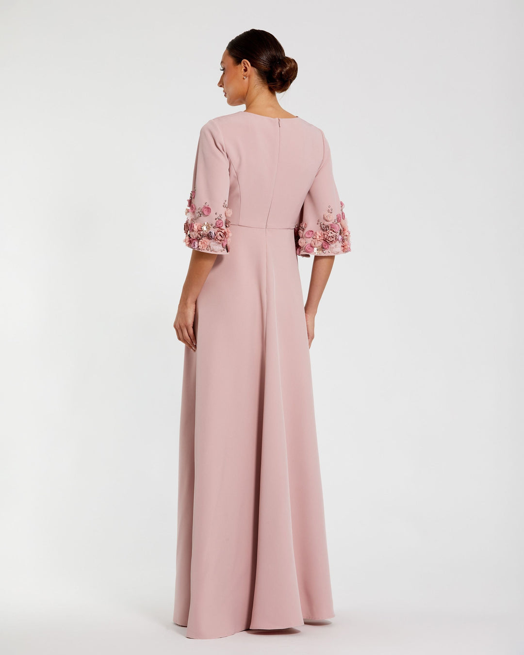 Mac Duggal 9911854P Petite Crepe 3/4 Sleeve A-line Gown With Flower Trim