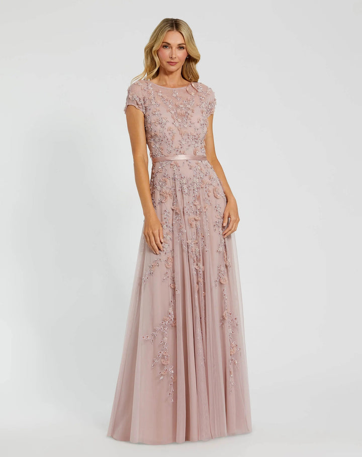 Mac Duggal 9914521P Petite Pink Floral Embellished Cap Sleeve Gown - FOSTANI.com