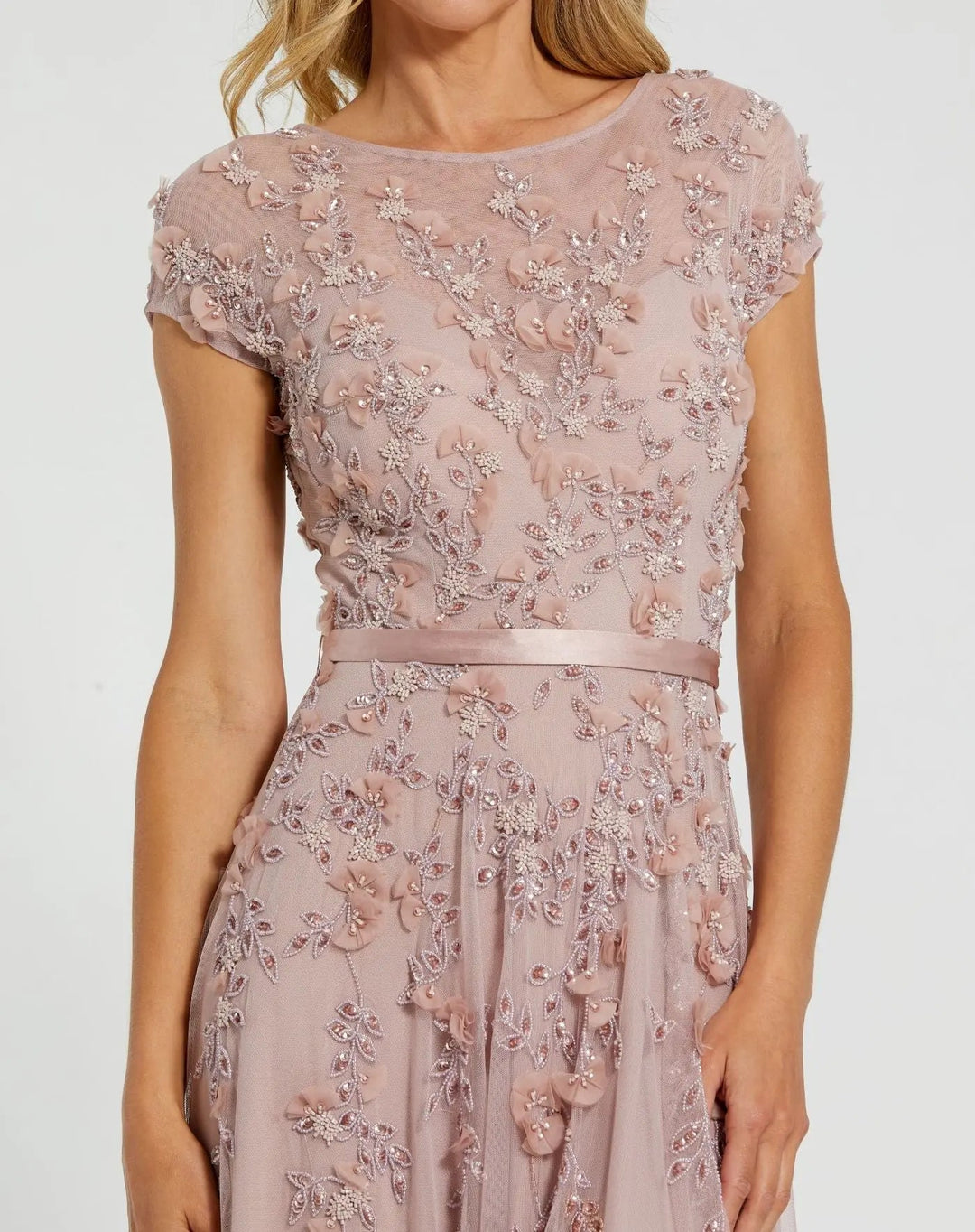 Mac Duggal 9914521P Petite Pink Floral Embellished Cap Sleeve Gown - FOSTANI.com