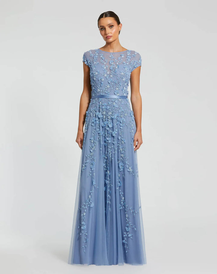 Mac Duggal 9914521P Petite Pink Floral Embellished Cap Sleeve Gown - FOSTANI.com