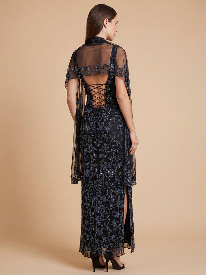Lara 9916 Strapless Beaded Gown with Scarf