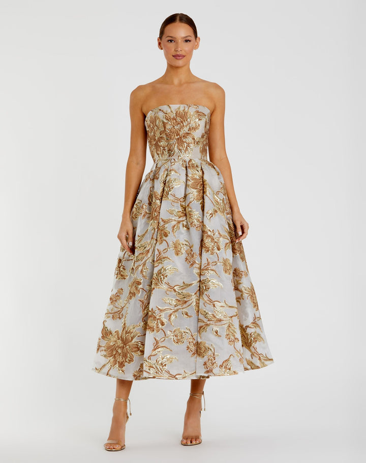 Mac Duggal 9920716P Petite Gold Strapless Brocade Midi Dress with Pockets - FOSTANI.com