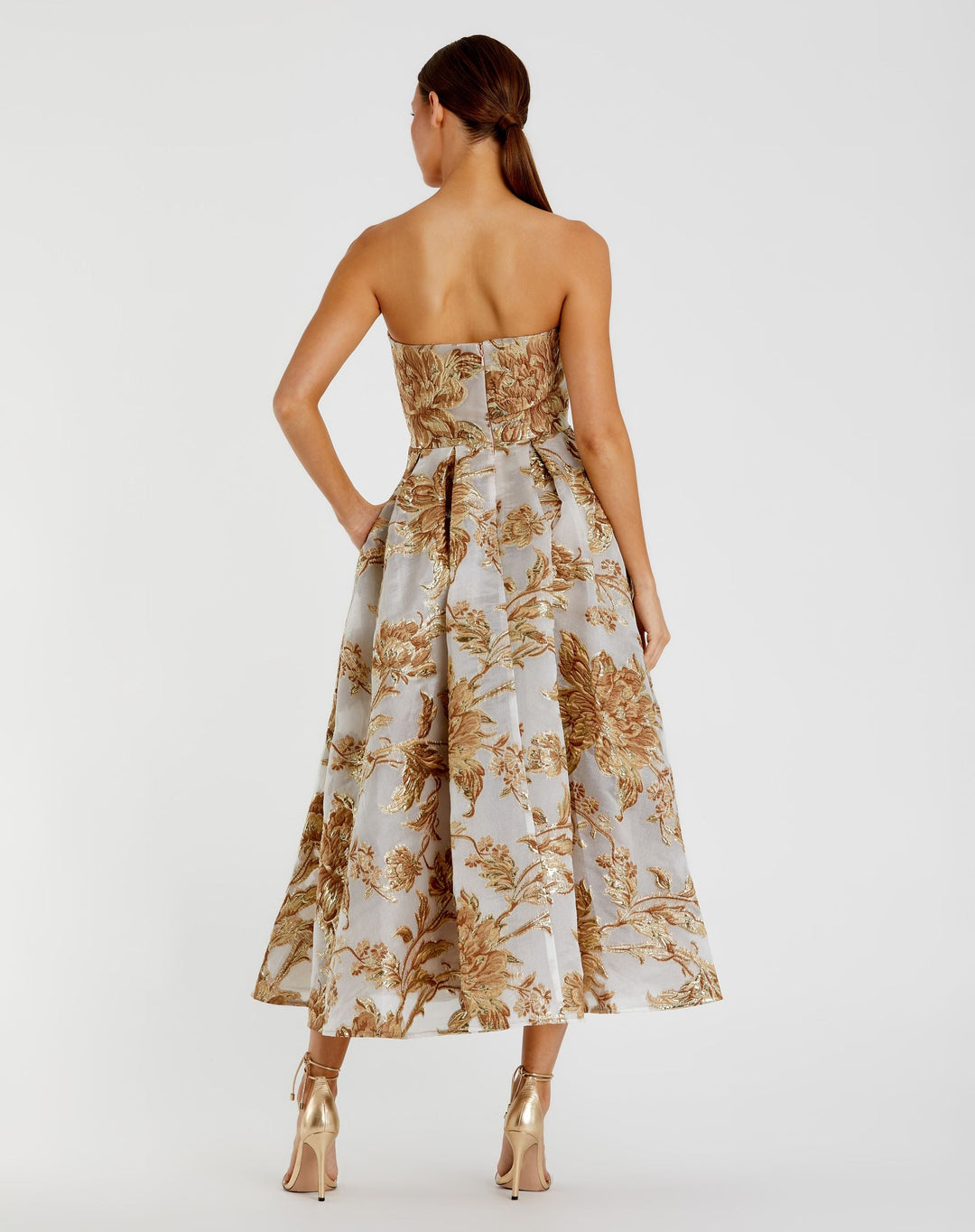 Mac Duggal 9920716P Petite Gold Strapless Brocade Midi Dress with Pockets - FOSTANI.com