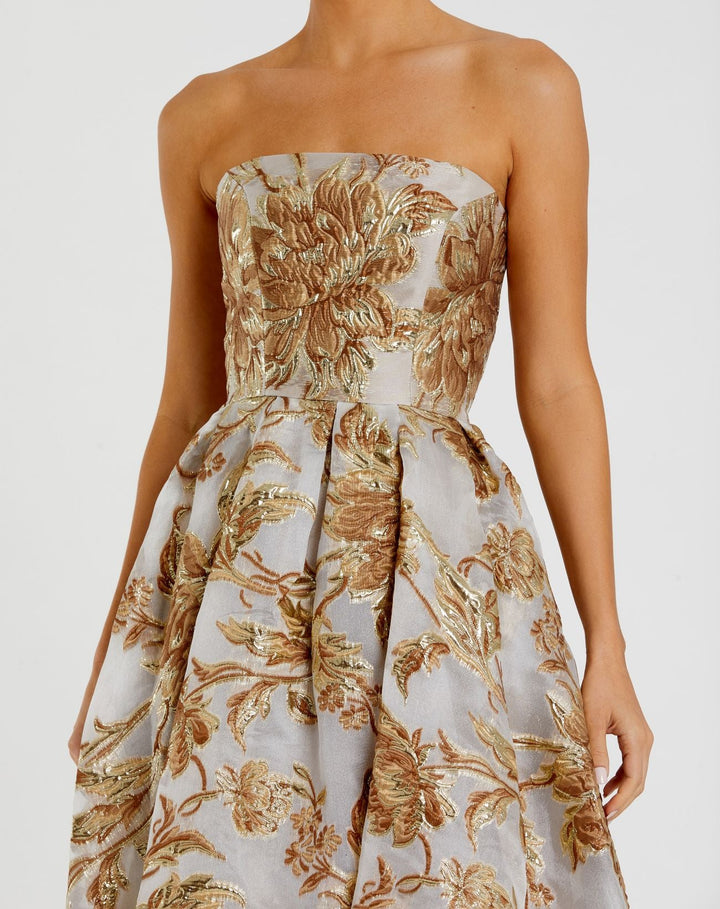 Mac Duggal 9920716P Petite Gold Strapless Brocade Midi Dress with Pockets - FOSTANI.com