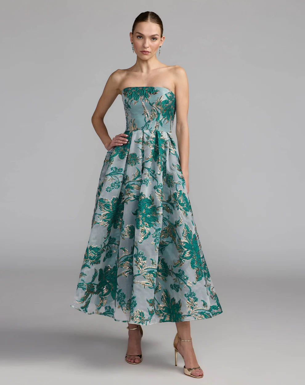 Mac Duggal 9920716P Petite Strapless Brocade Midi Dress with Pockets