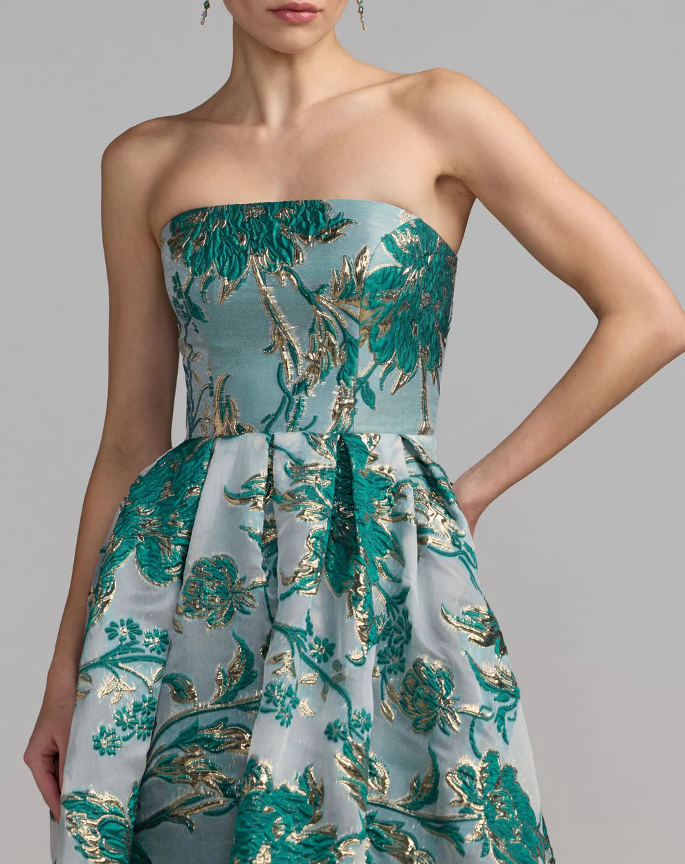 Mac Duggal 9920716P Petite Strapless Brocade Midi Dress with Pockets