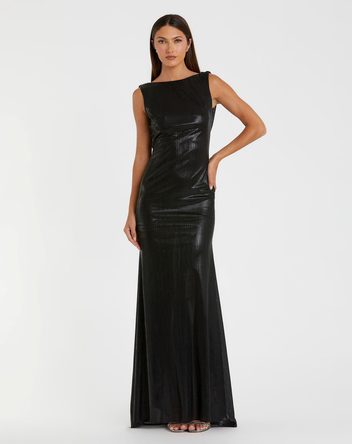 Mac Duggal 9949087P Petite Metallic Jersey Cowl Back Column Gown