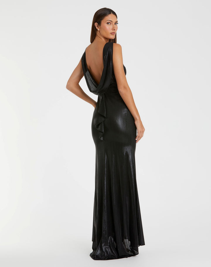 Mac Duggal 9949087P Petite Metallic Jersey Cowl Back Column Gown