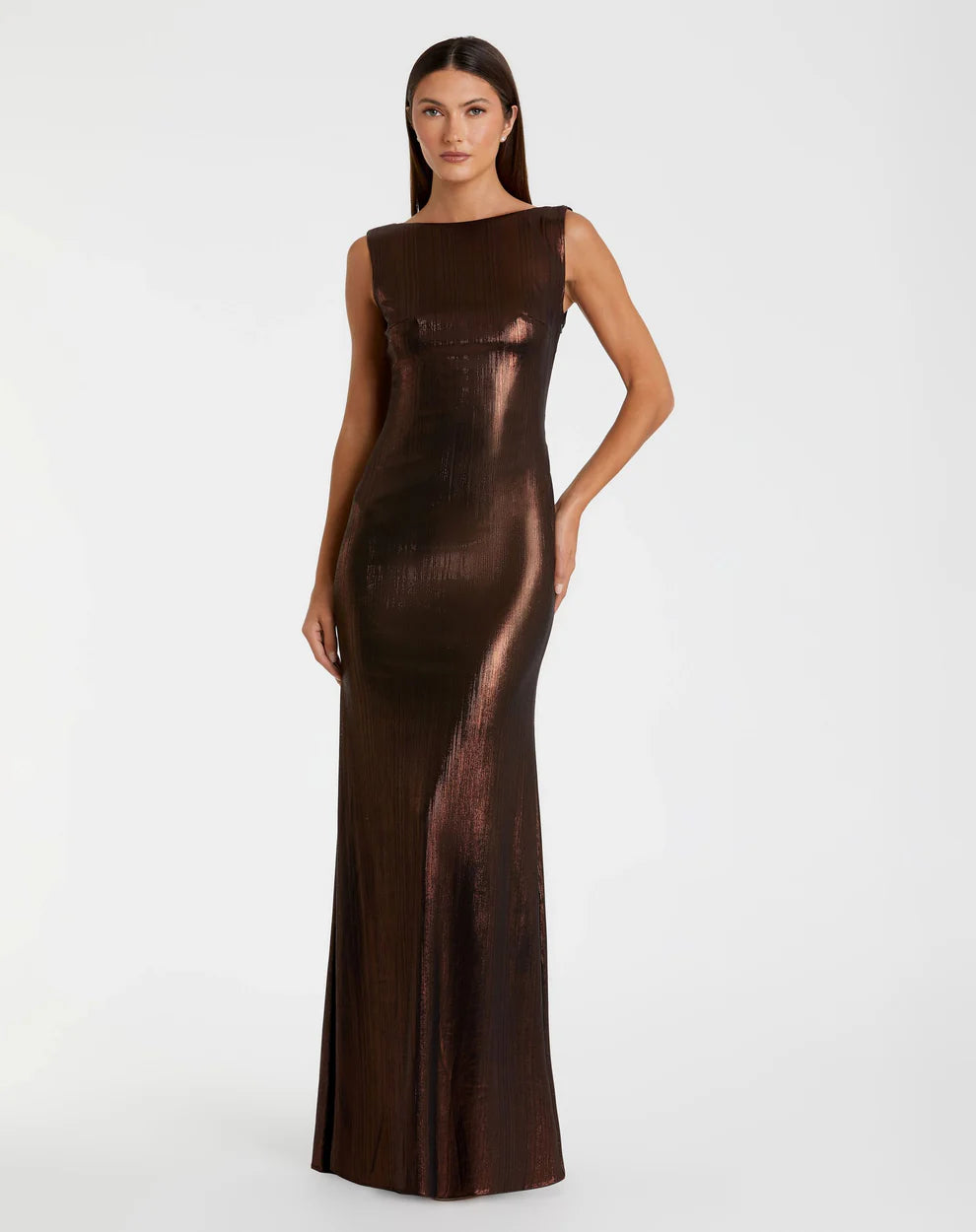 Mac Duggal 9949087P Petite Metallic Jersey Cowl Back Column Gown