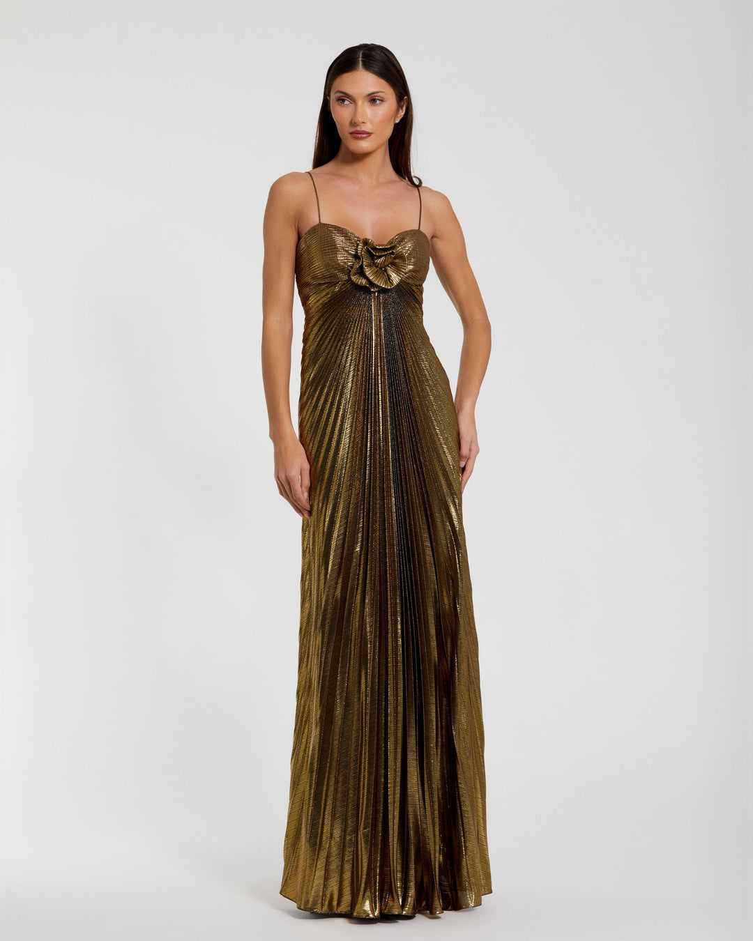 Mac Duggal 9949905P Petite Gold Metallic Pleated Gown with 3D Flower