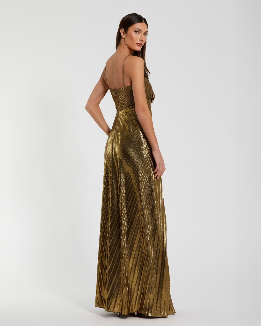 Mac Duggal 9949905P Petite Gold Metallic Pleated Gown with 3D Flower