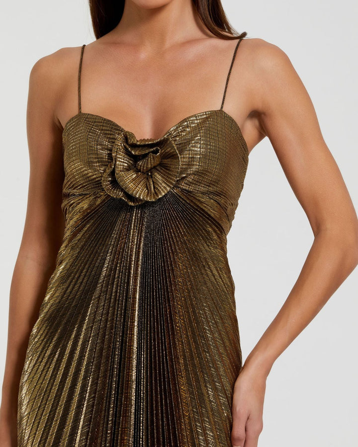 Mac Duggal 9949905P Petite Gold Metallic Pleated Gown with 3D Flower