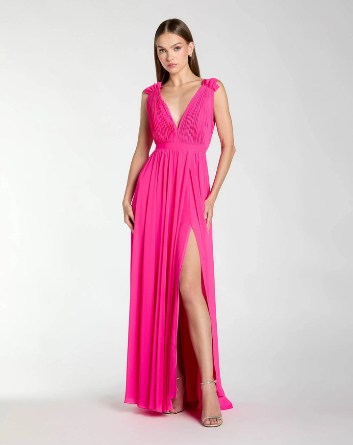 Mac Duggal 9955321P Petite Sleeveless Pleated Chiffon V-Neck Gown